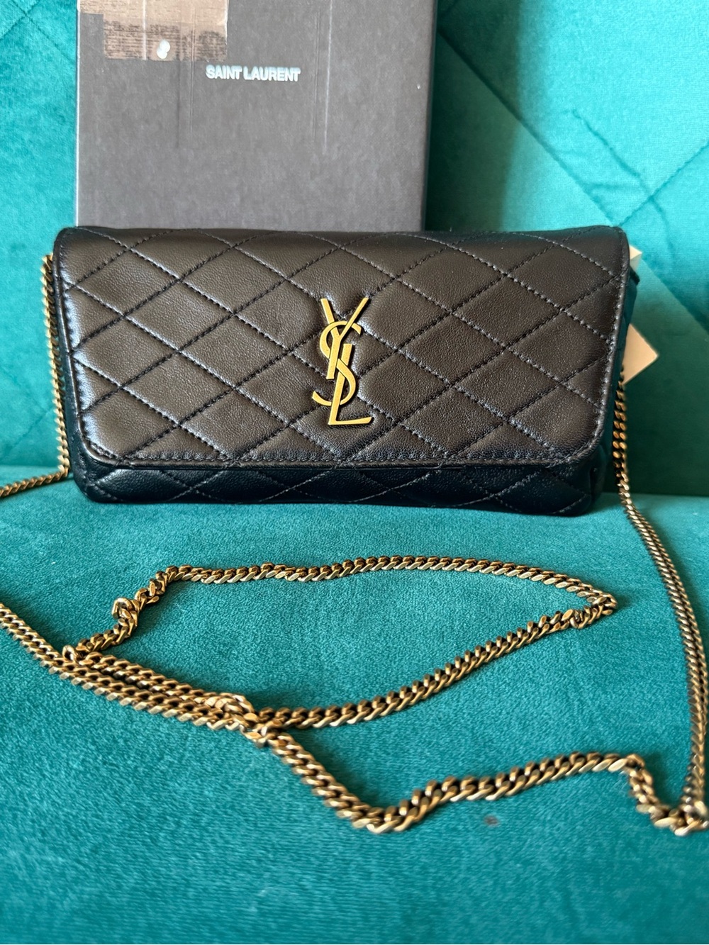 Saint Laurent Black Quilted Leather Crossbody with Gold YSL Chain
